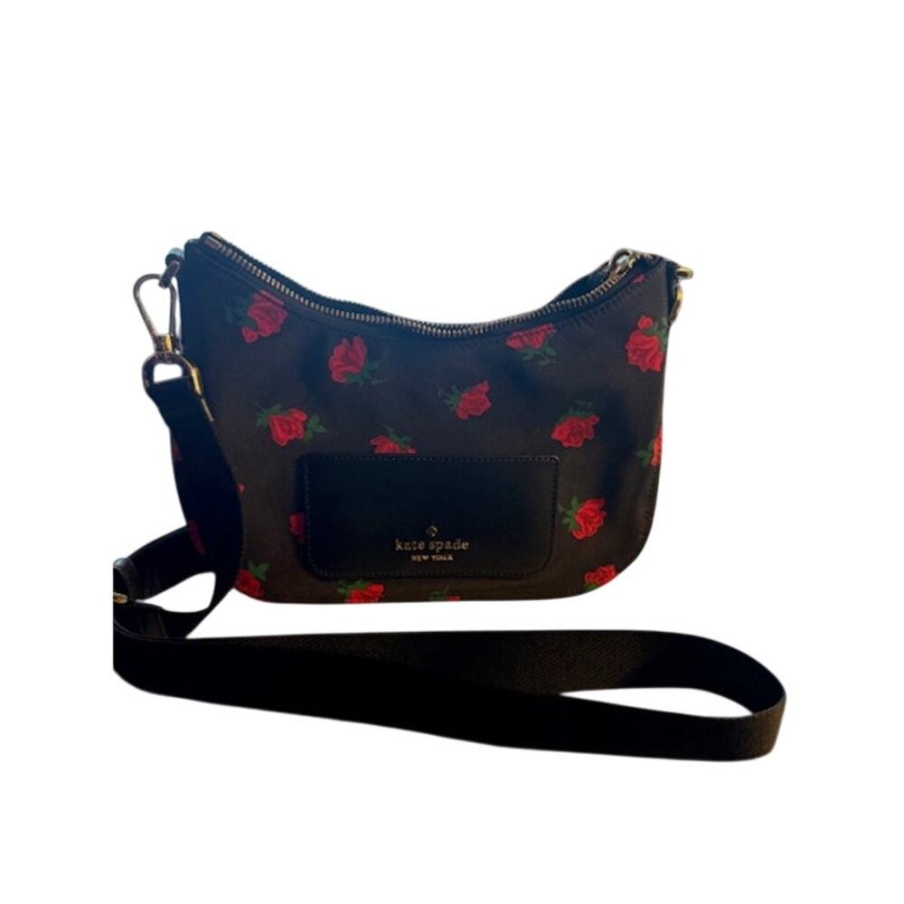 Kate Spade Chelsea Rose Toss Printed Nylon Hobo Crossbody Bag Black Red